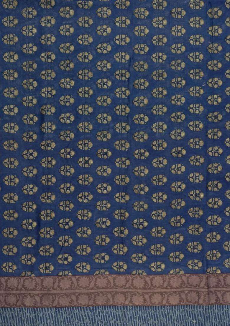 Indigo Printed Chanderi Cotton Saree With Zari Border For Women - Indya