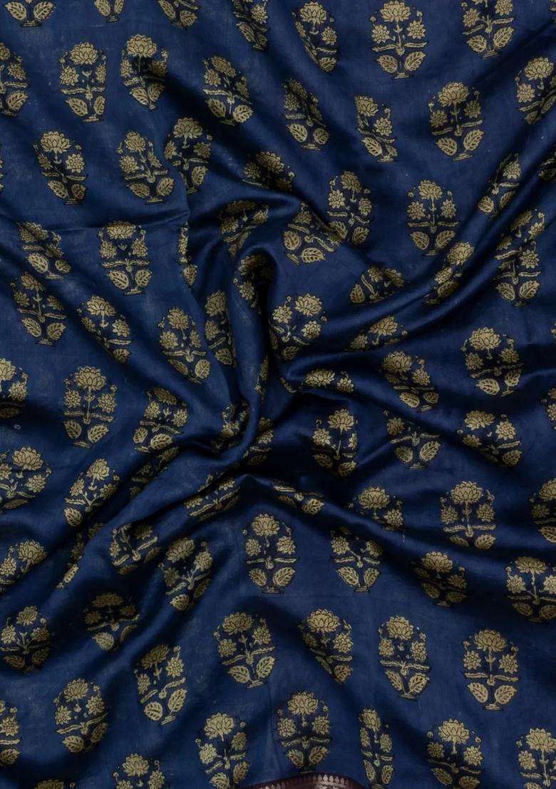 Indigo Printed Chanderi Cotton Saree With Zari Border For Women - Indya