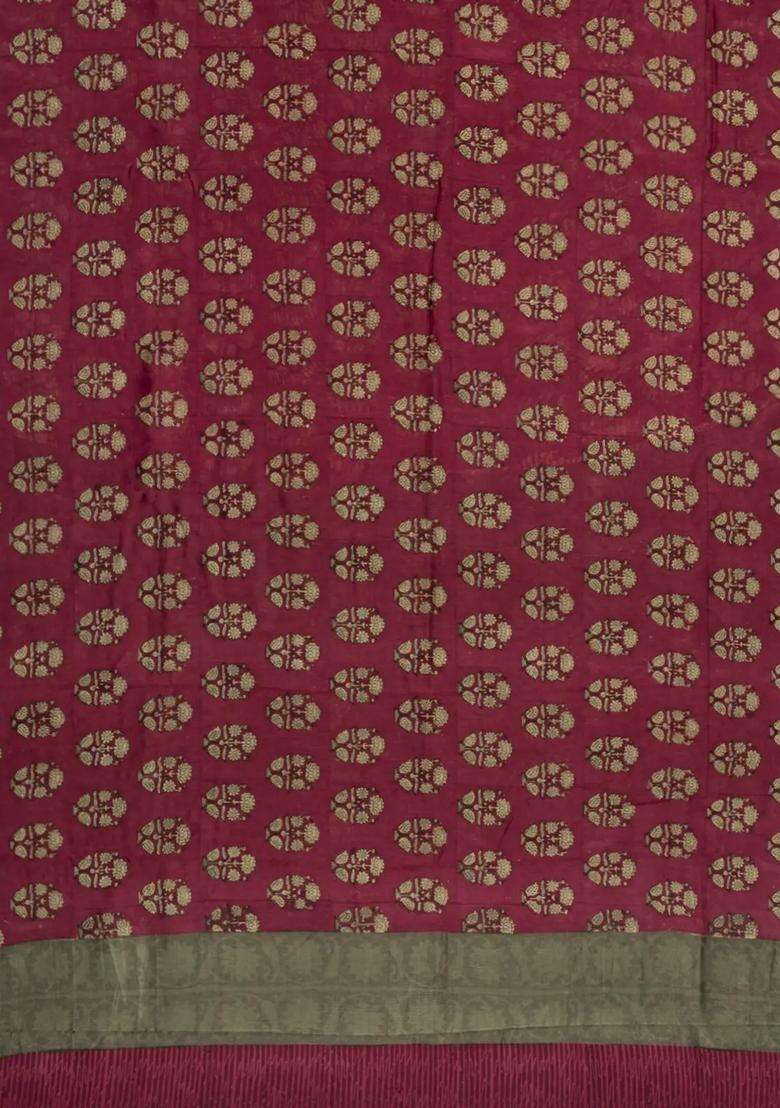 Crimson Printed Chanderi Cotton Saree With Zari Border For Women - Indya