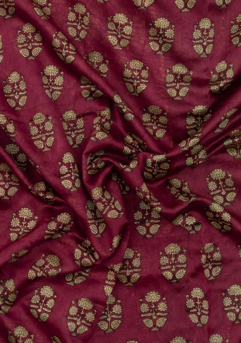 Crimson Printed Chanderi Cotton Saree With Zari Border For Women - Indya