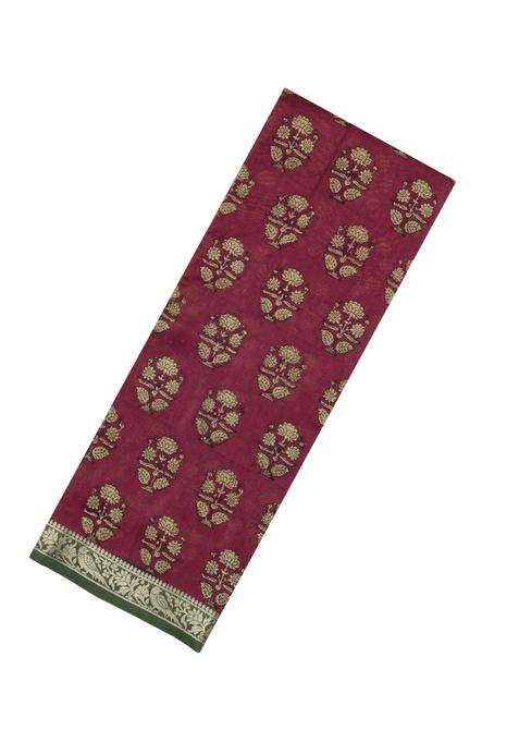Crimson Printed Chanderi Cotton Saree With Zari Border For Women