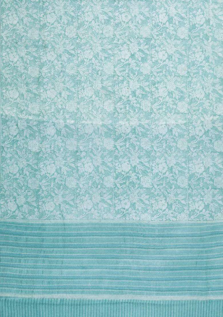 Turquoise Printed Chanderi Cotton Saree With Zari Border For Women - Indya