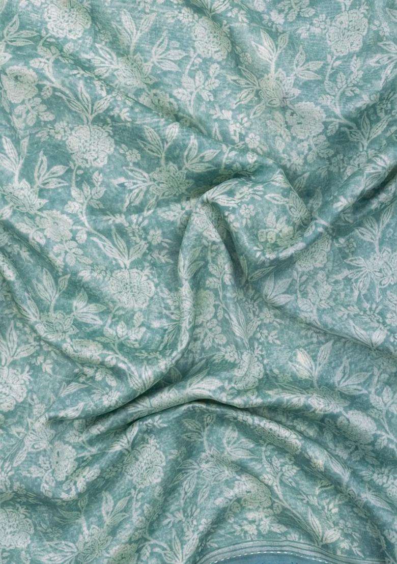 Turquoise Printed Chanderi Cotton Saree With Zari Border For Women - Indya