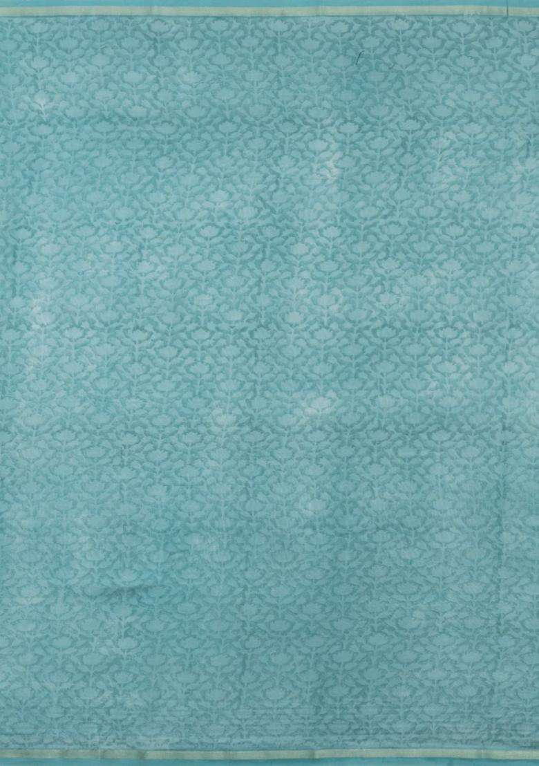 Turquoise Printed Chanderi Cotton Saree With Zari Border For Women - Indya