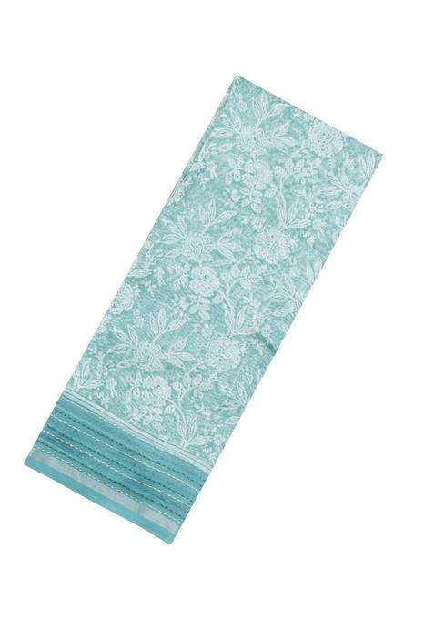 Turquoise Printed Chanderi Cotton Saree With Zari Border For Women