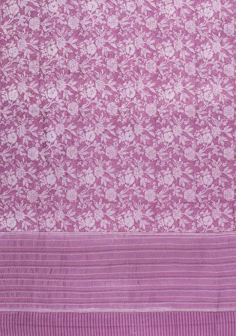 Pink Printed Chanderi Cotton Saree With Zari Border For Women - Indya