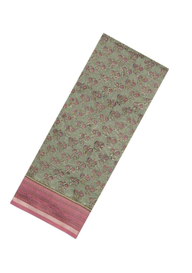 Sage Green Printed Chanderi Cotton Saree With Zari Border For Women - Indya