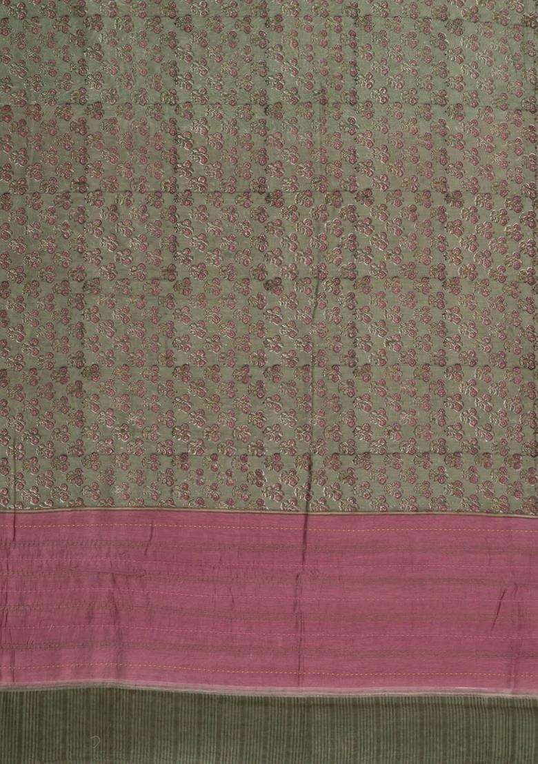 Sage Green Printed Chanderi Cotton Saree With Zari Border For Women - Indya