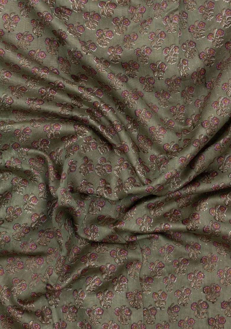 Sage Green Printed Chanderi Cotton Saree With Zari Border For Women - Indya