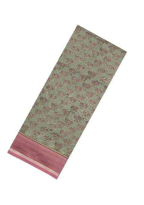 Sage Green Printed Chanderi Cotton Saree With Zari Border For Women