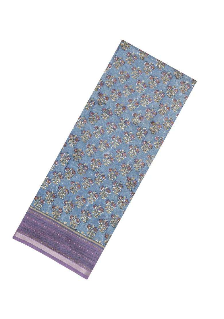 Steel Blue Printed Chanderi Cotton Saree With Zari Border For Women - Indya