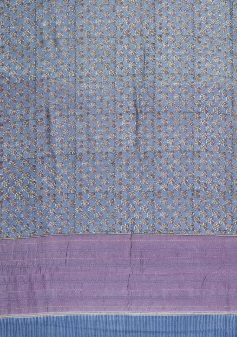 Steel Blue Printed Chanderi Cotton Saree With Zari Border For Women - Indya
