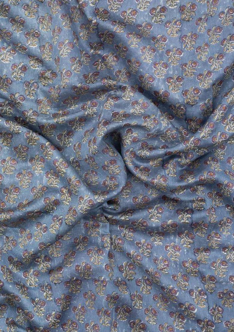 Steel Blue Printed Chanderi Cotton Saree With Zari Border For Women - Indya