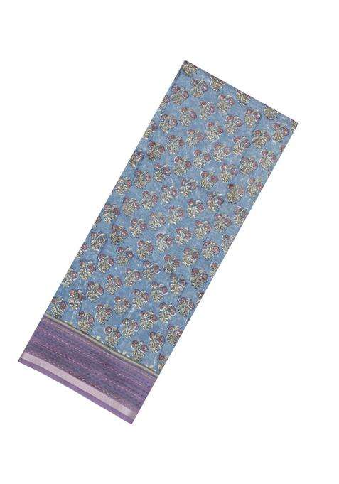 Steel Blue Printed Chanderi Cotton Saree With Zari Border For Women