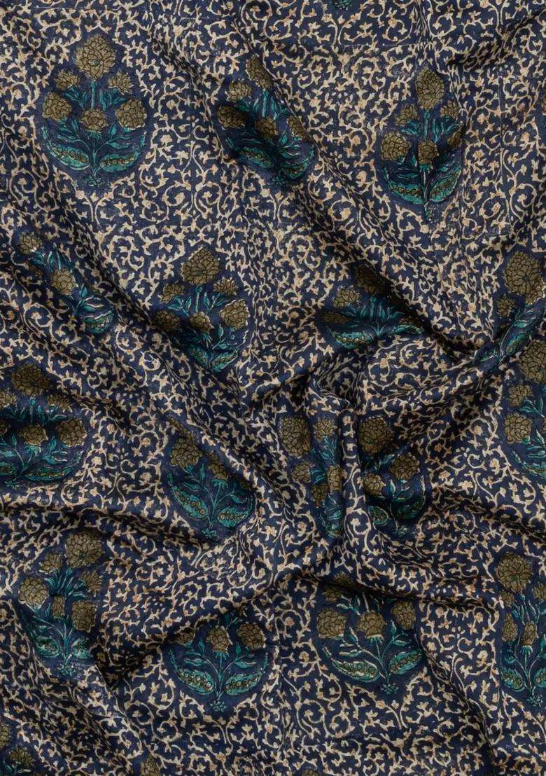 Dark Blue Printed Chanderi Cotton Saree With Zari Border For Women - Indya