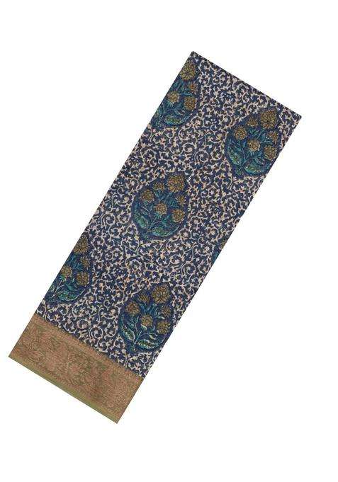 Dark Blue Printed Chanderi Cotton Saree With Zari Border For Women