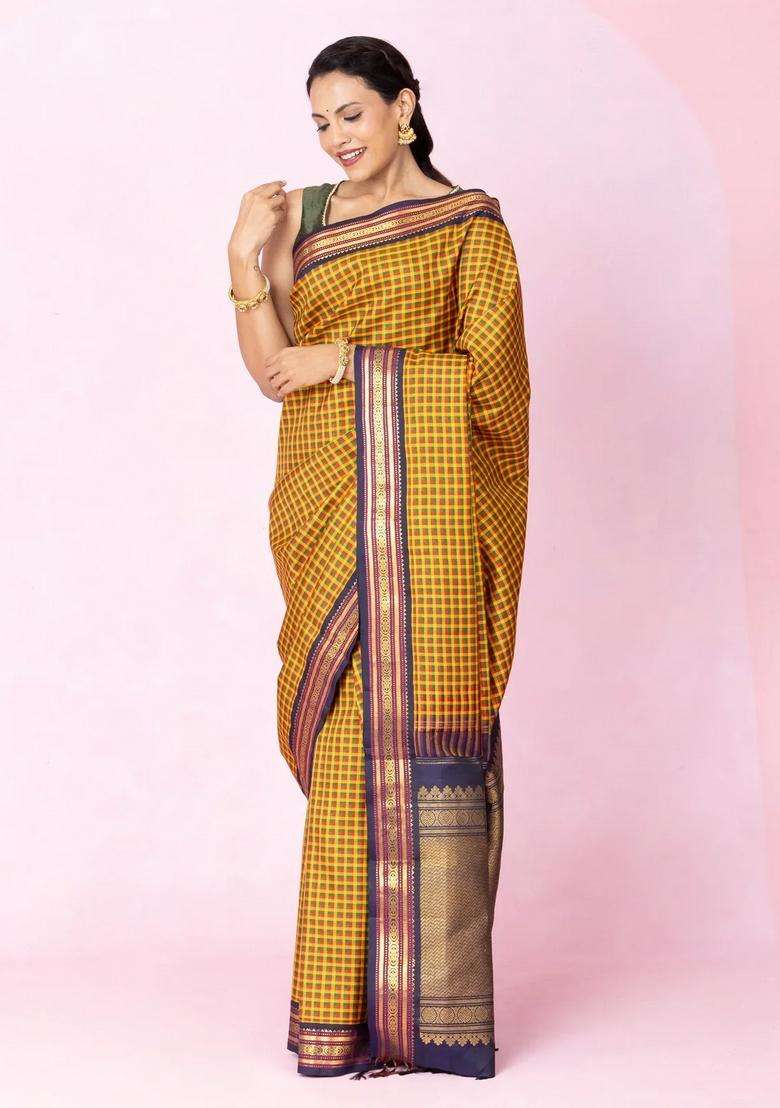 Multi Colour Handloom Korvai Kanchipuram Silk Saree With Checks With Korvai And Temple Border Design For Women - Indya