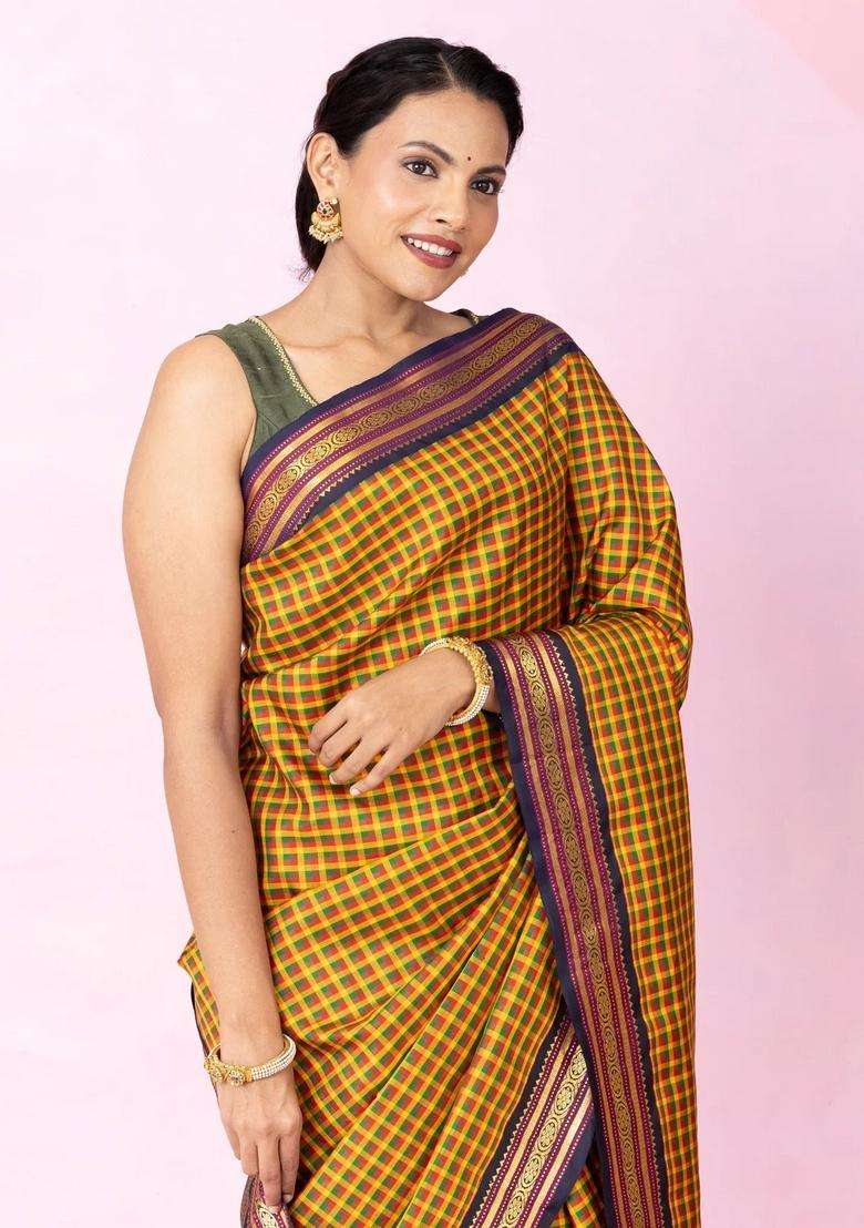 Multi Colour Handloom Korvai Kanchipuram Silk Saree With Checks With Korvai And Temple Border Design For Women - Indya