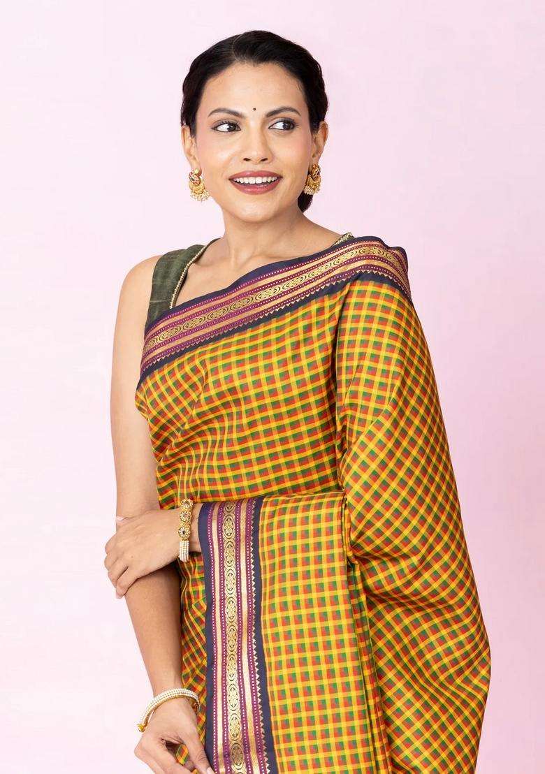 Multi Colour Handloom Korvai Kanchipuram Silk Saree With Checks With Korvai And Temple Border Design For Women - Indya