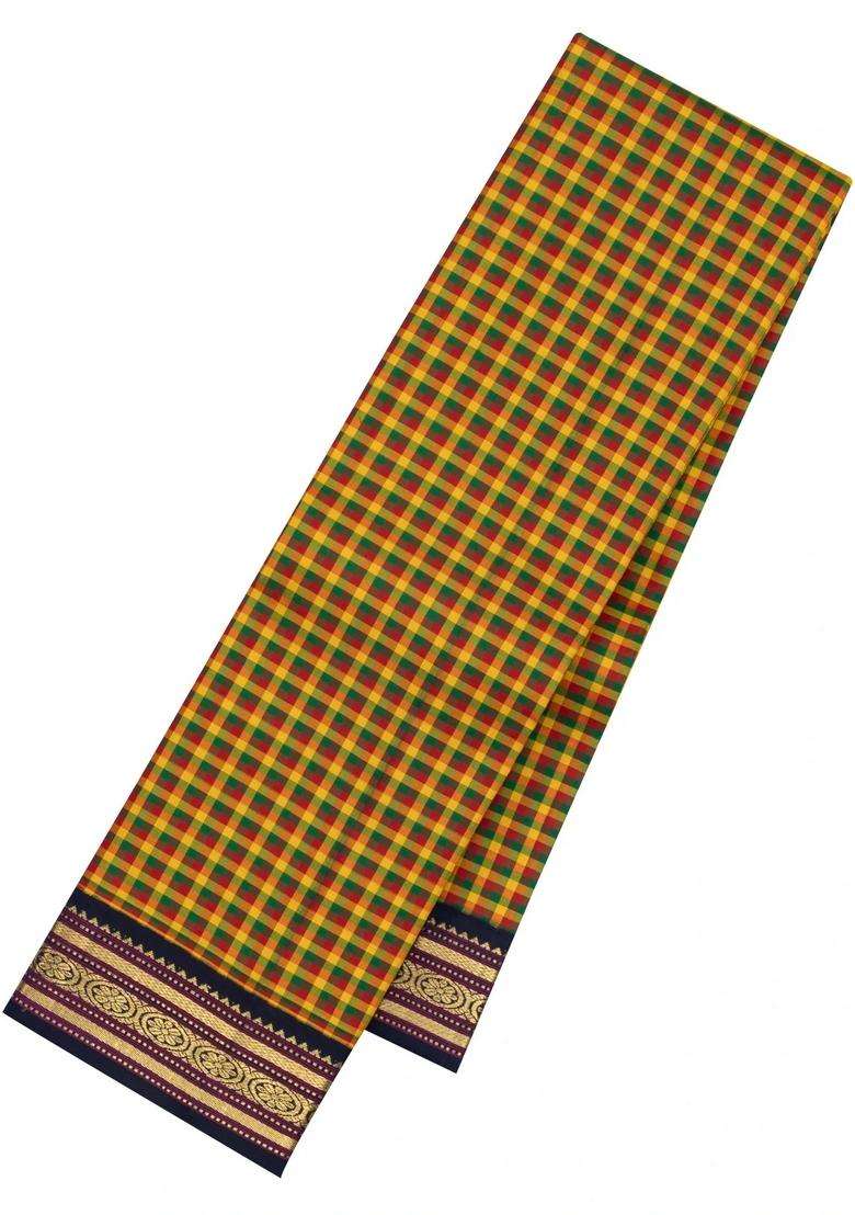 Multi Colour Handloom Korvai Kanchipuram Silk Saree With Checks With Korvai And Temple Border Design For Women - Indya