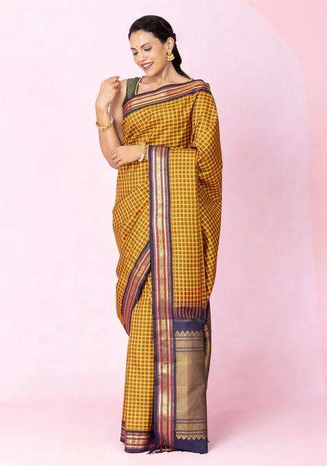 Multi Colour Handloom Korvai Kanchipuram Silk Saree With Checks With Korvai And Temple Border Design For Women