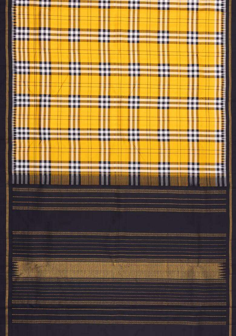 Yellow Handloom Korvai Kanchipuram Silk Saree With Multi Colour Checks With Korvai And Temple Border Design For Women - Indya