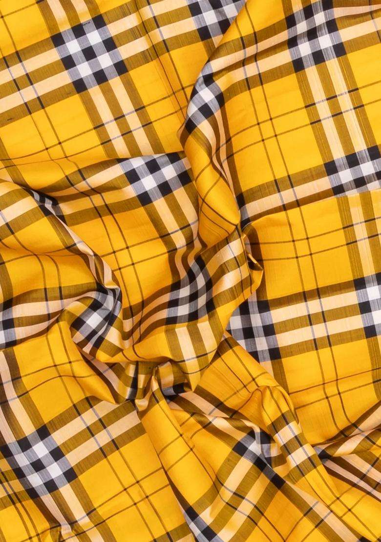 Yellow Handloom Korvai Kanchipuram Silk Saree With Multi Colour Checks With Korvai And Temple Border Design For Women - Indya