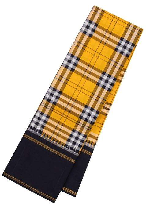 Yellow Handloom Korvai Kanchipuram Silk Saree With Multi Colour Checks With Korvai And Temple Border Design For Women
