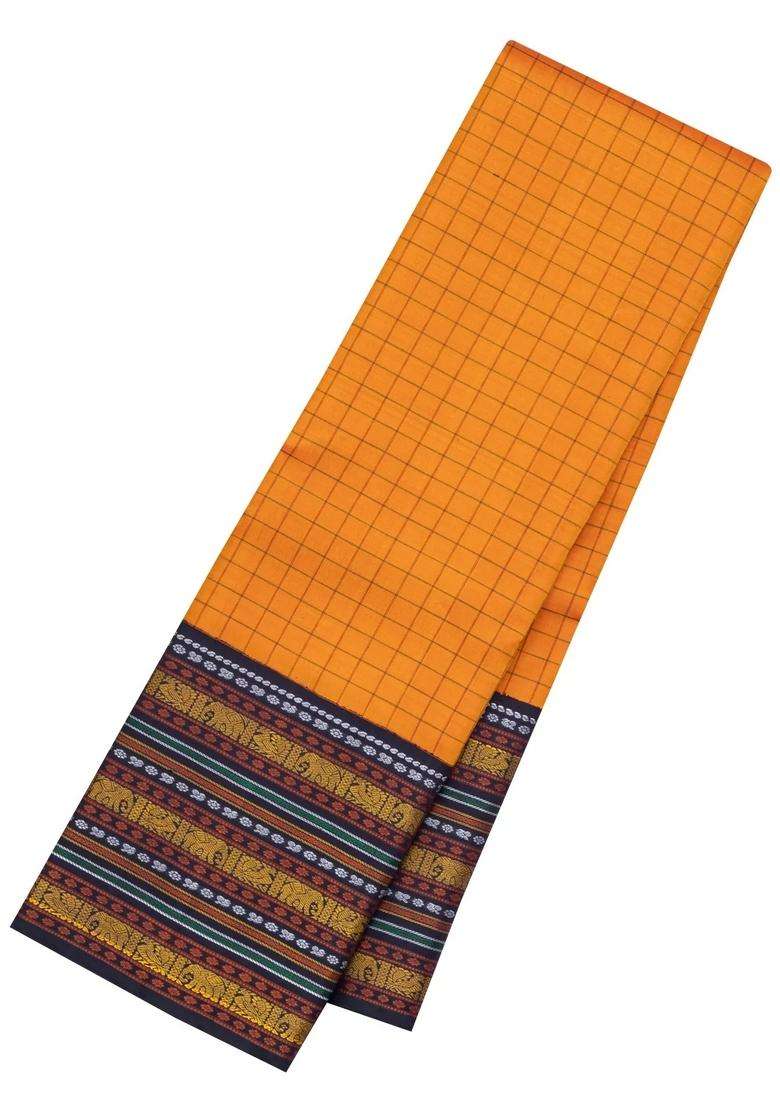 Orange Handloom Korvai Kanchipuram Silk Saree With Silk Checks With Korvai And Temple Border Design For Women - Indya