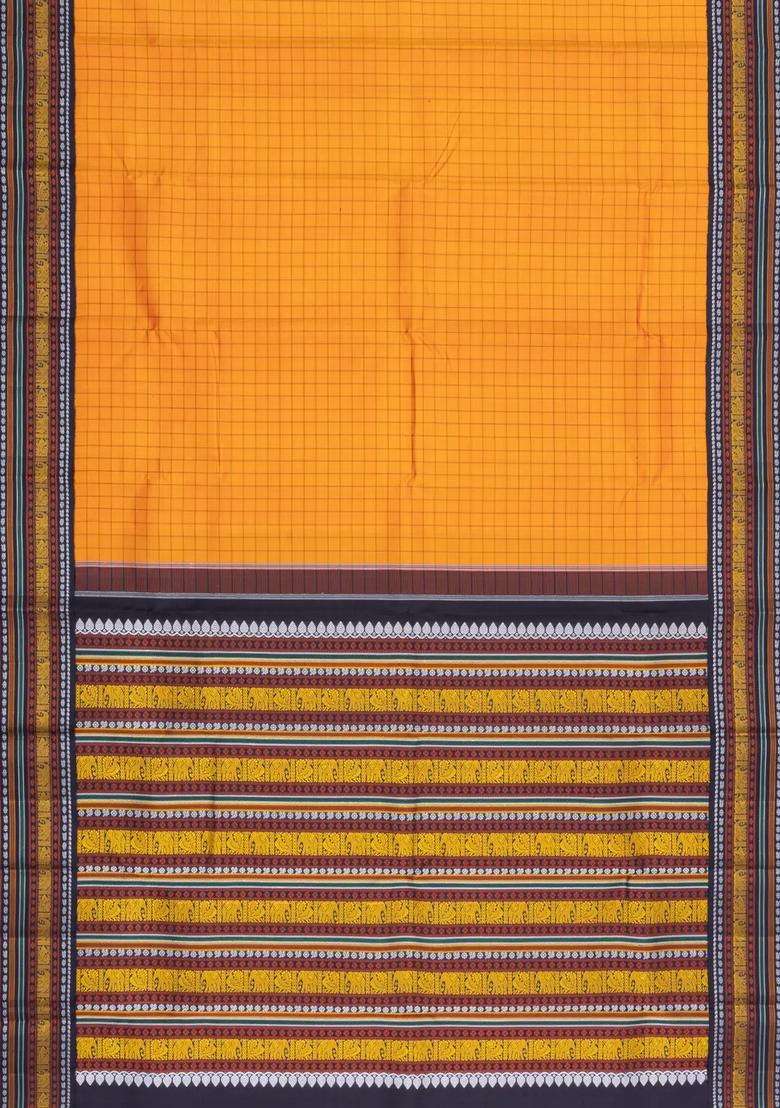 Orange Handloom Korvai Kanchipuram Silk Saree With Silk Checks With Korvai And Temple Border Design For Women - Indya