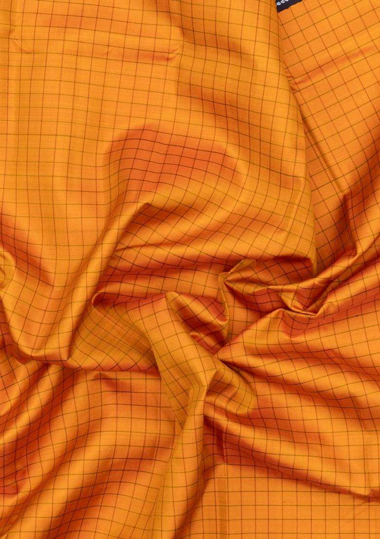 Orange Handloom Korvai Kanchipuram Silk Saree With Silk Checks With Korvai And Temple Border Design For Women - Indya