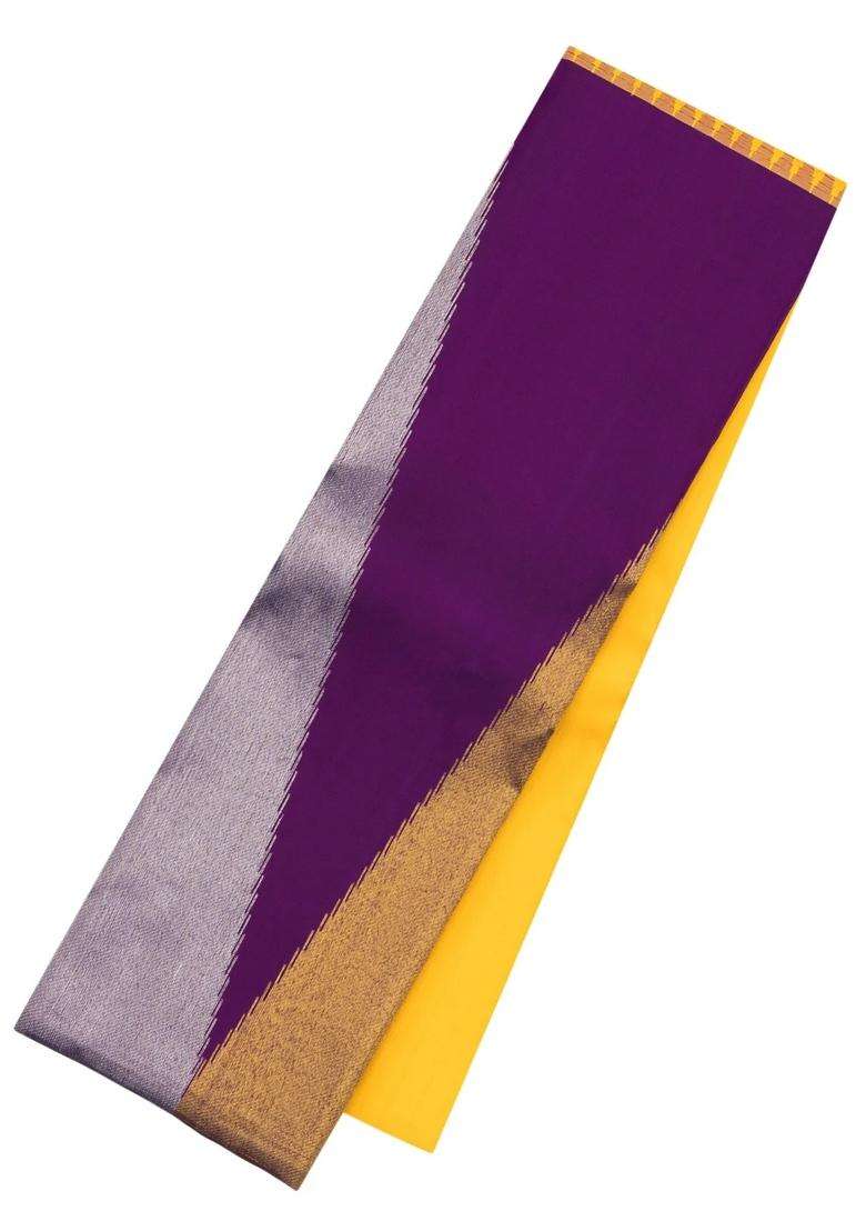 Yellow Handloom Korvai Half Half Kanchipuram Silk Saree With Korvai And Temple Border Design For Women - Indya