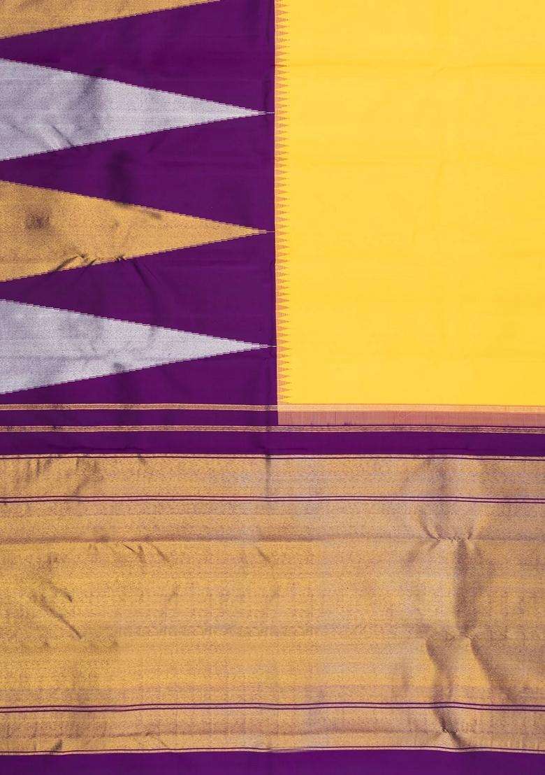 Yellow Handloom Korvai Half Half Kanchipuram Silk Saree With Korvai And Temple Border Design For Women - Indya