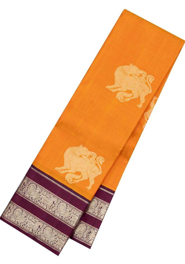 Orange Handloom Korvai Kanchipuram Silk Saree With Yazhi Buttas With Korvai And Temple Border Design For Women - Indya