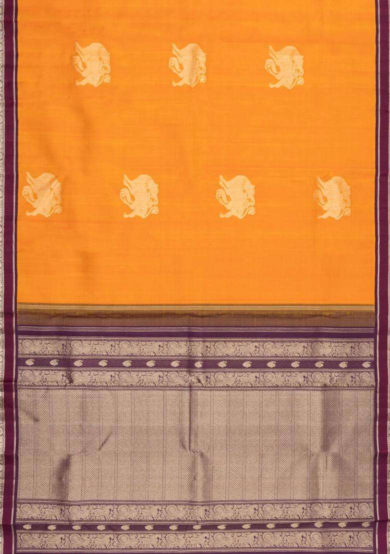 Orange Handloom Korvai Kanchipuram Silk Saree With Yazhi Buttas With Korvai And Temple Border Design For Women - Indya