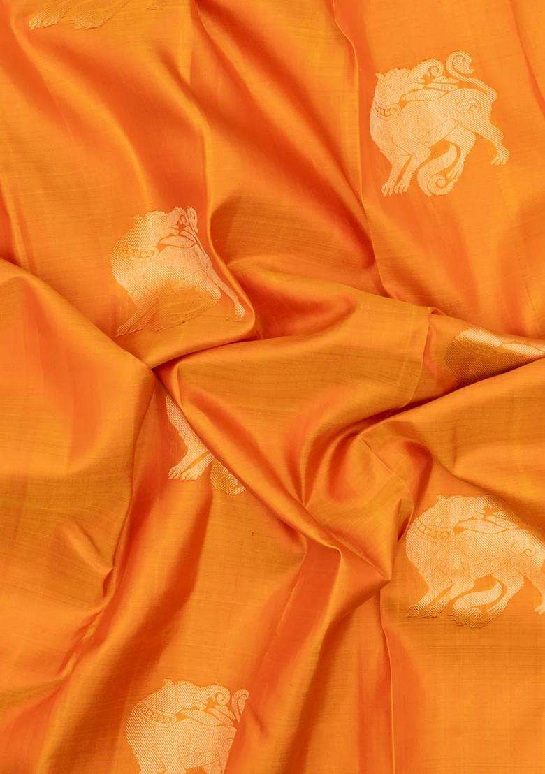 Orange Handloom Korvai Kanchipuram Silk Saree With Yazhi Buttas With Korvai And Temple Border Design For Women - Indya