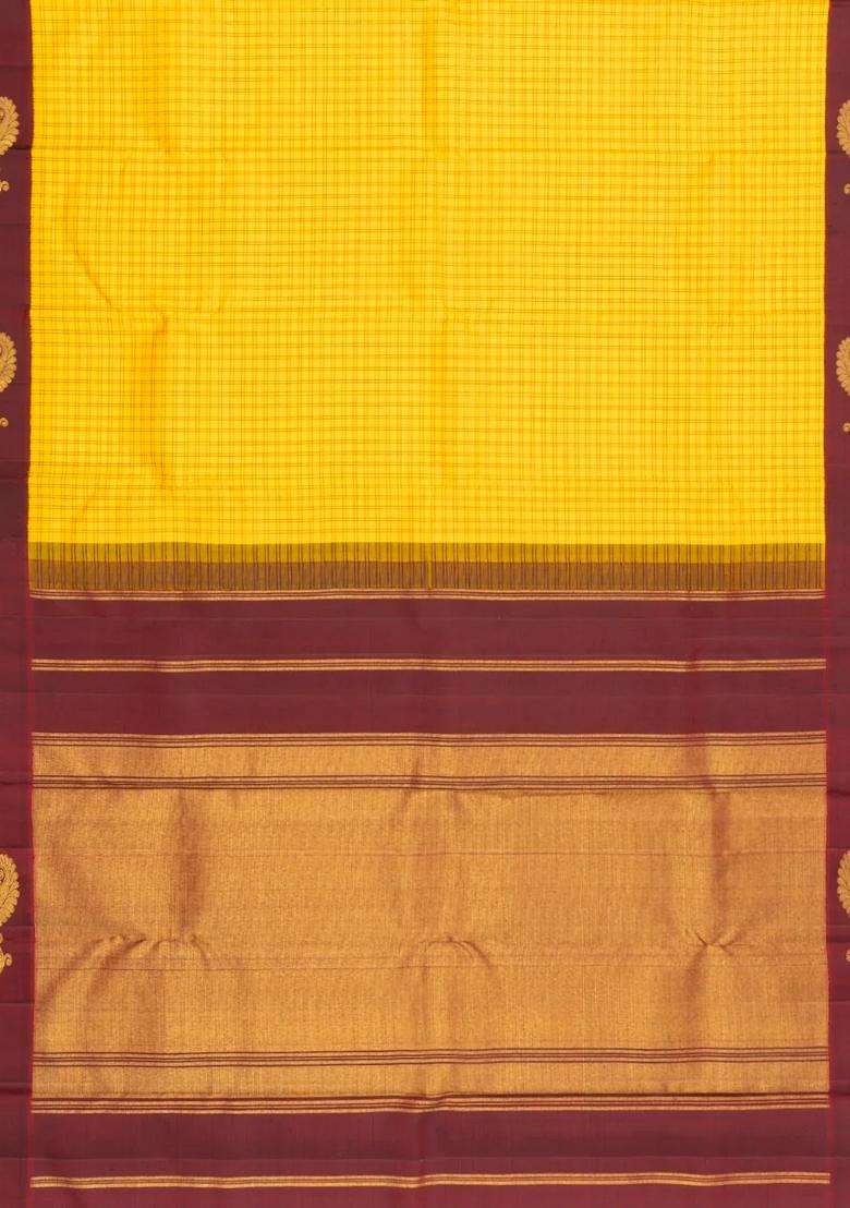 Yellow Handloom Korvai Kanchipuram Silk Saree With Silk Checks With Korvai And Temple Border Design For Women - Indya