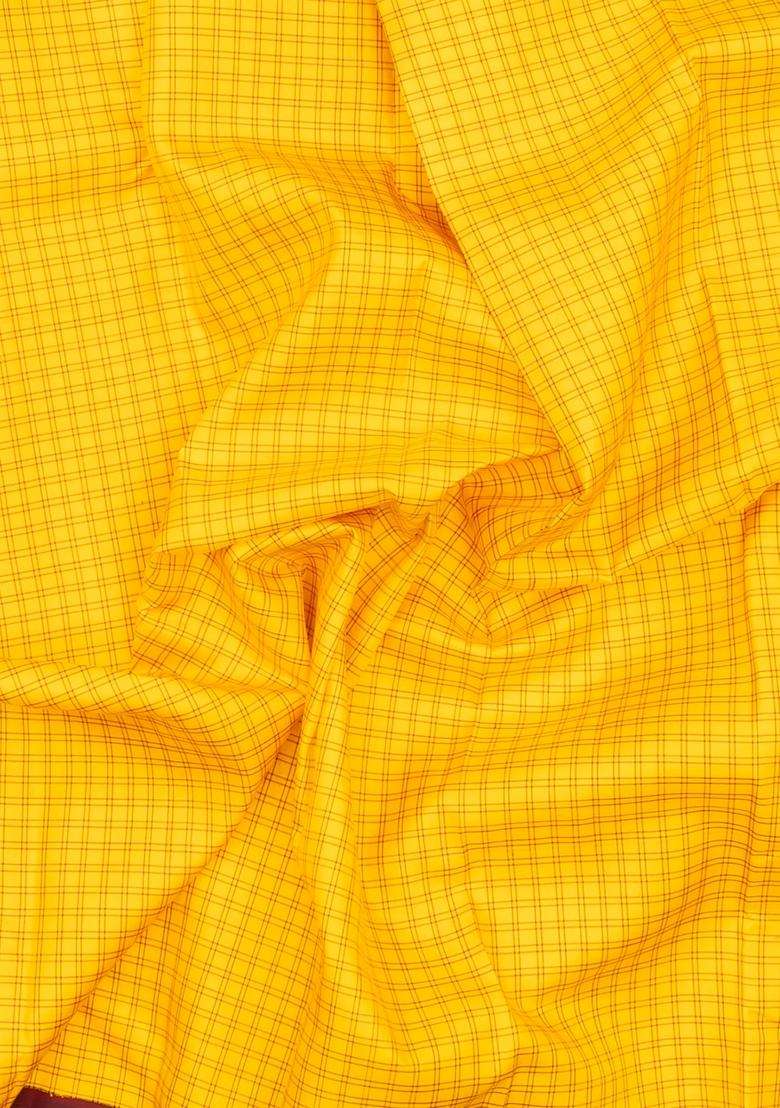 Yellow Handloom Korvai Kanchipuram Silk Saree With Silk Checks With Korvai And Temple Border Design For Women - Indya