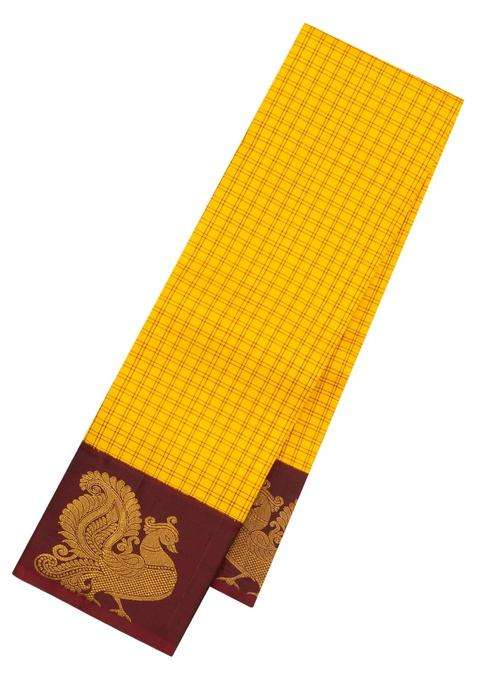 Yellow Handloom Korvai Kanchipuram Silk Saree With Silk Checks With Korvai And Temple Border Design For Women