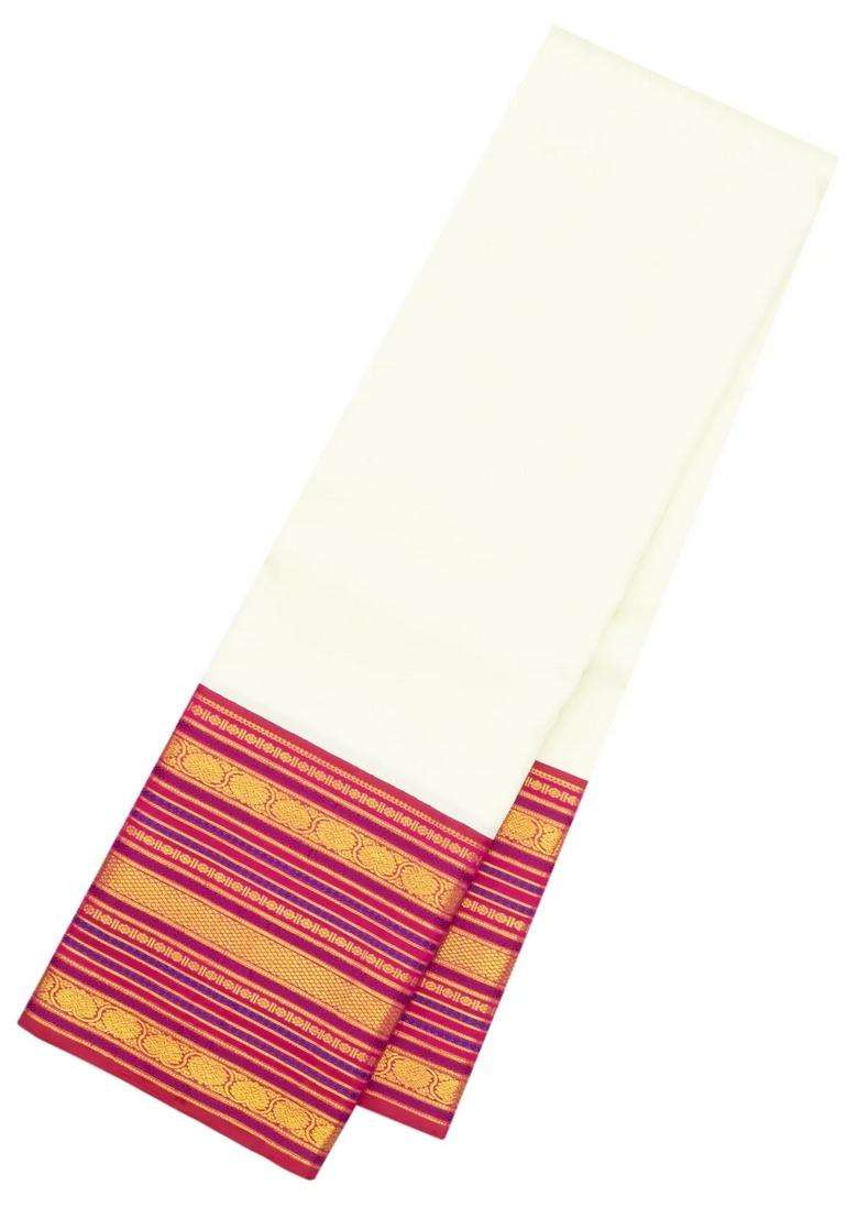 White Handloom Korvai Kanchipuram Silk Saree With Pink Border With Korvai And Temple Border Design For Women - Indya