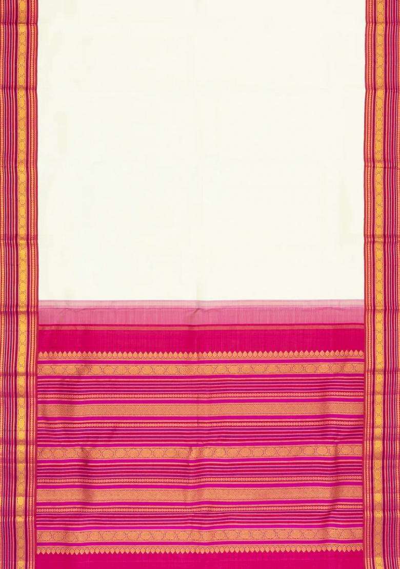 White Handloom Korvai Kanchipuram Silk Saree With Pink Border With Korvai And Temple Border Design For Women - Indya