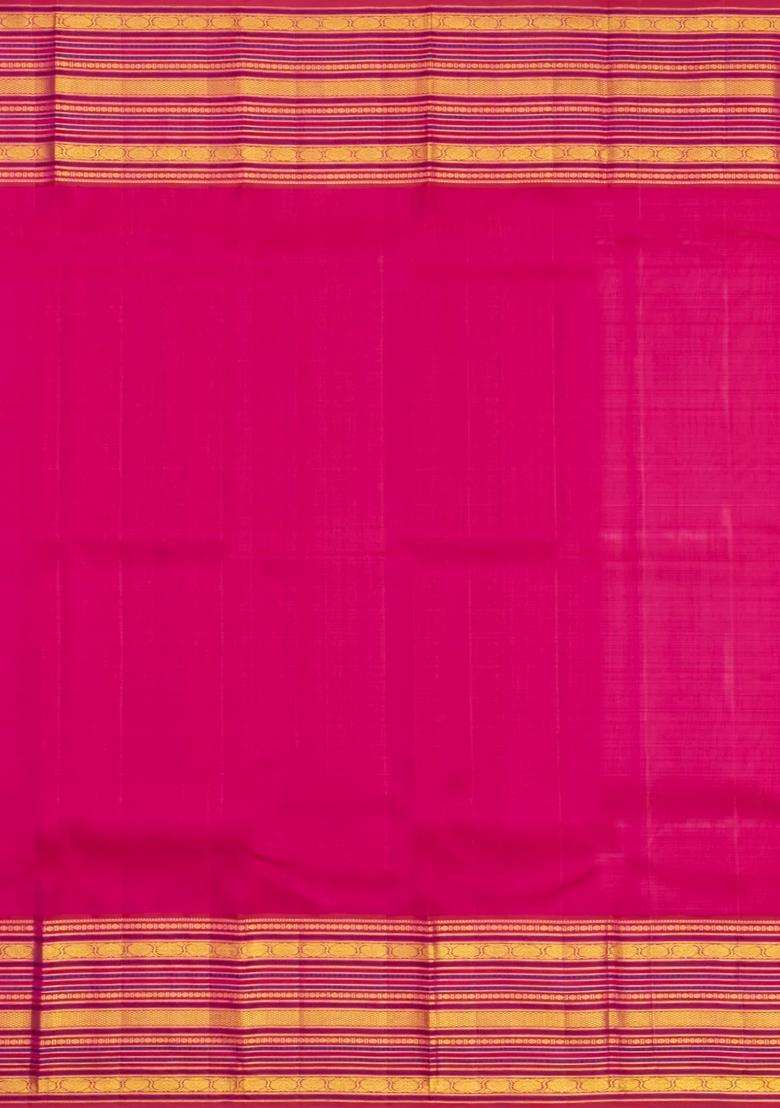 White Handloom Korvai Kanchipuram Silk Saree With Pink Border With Korvai And Temple Border Design For Women - Indya
