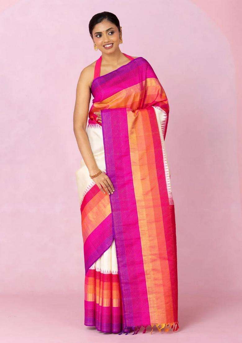 White Handloom Korvai Kanchipuram Silk Saree With Multi Colour Border With Korvai And Temple Border Design For Women - Indya