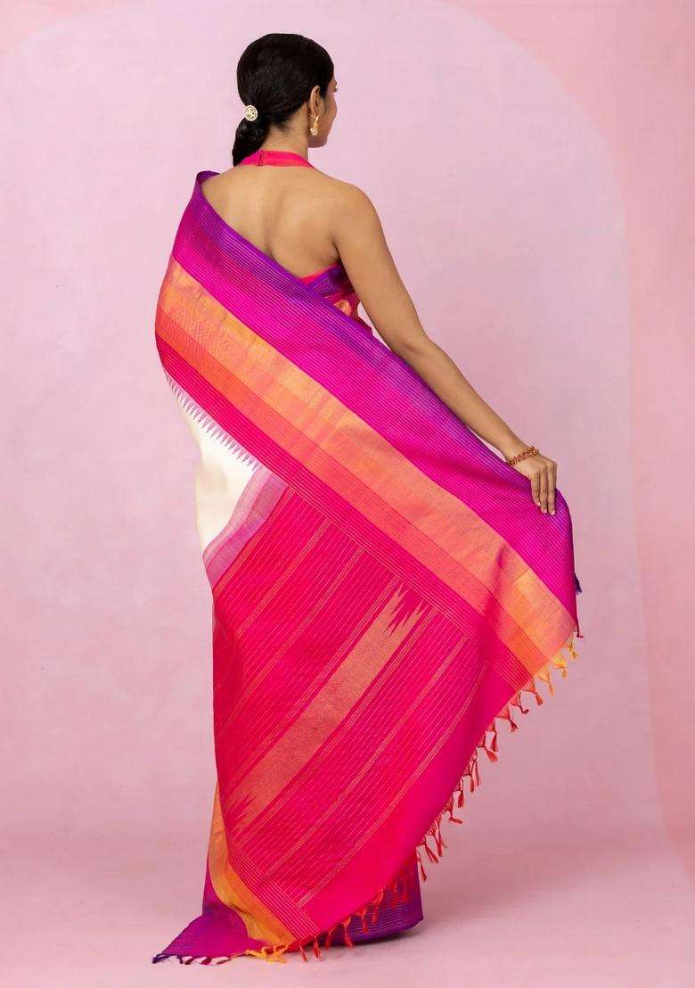White Handloom Korvai Kanchipuram Silk Saree With Multi Colour Border With Korvai And Temple Border Design For Women - Indya