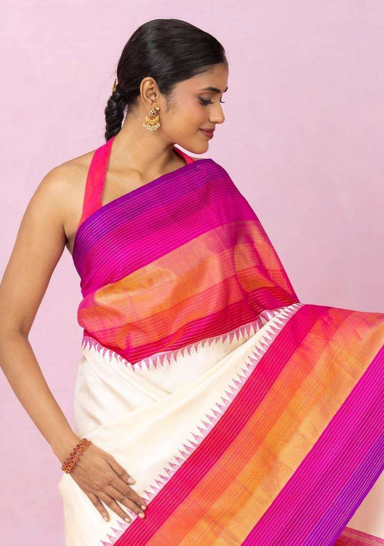 White Handloom Korvai Kanchipuram Silk Saree With Multi Colour Border With Korvai And Temple Border Design For Women - Indya