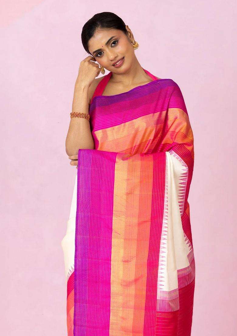 White Handloom Korvai Kanchipuram Silk Saree With Multi Colour Border With Korvai And Temple Border Design For Women - Indya