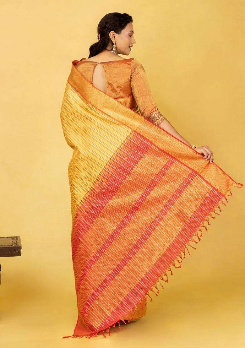 Multi Colour Handloom Kanchipuram Silk Saree With Stripes With Checks And Stripes Design For Women - Indya