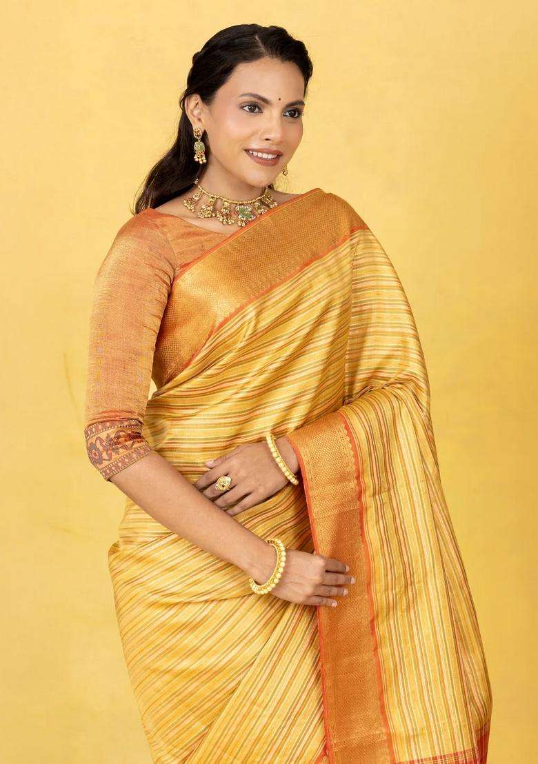 Multi Colour Handloom Kanchipuram Silk Saree With Stripes With Checks And Stripes Design For Women - Indya