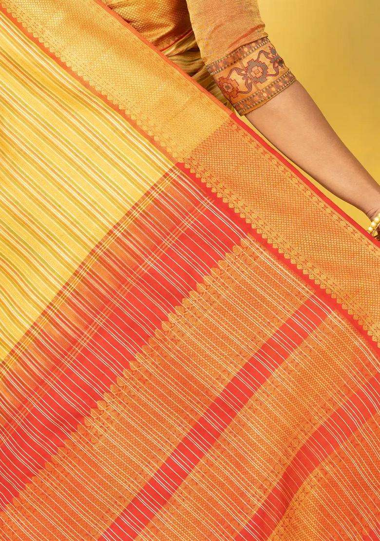 Multi Colour Handloom Kanchipuram Silk Saree With Stripes With Checks And Stripes Design For Women - Indya