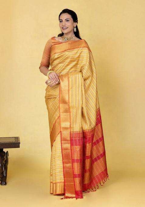 Multi Colour Handloom Kanchipuram Silk Saree With Stripes With Checks And Stripes Design For Women